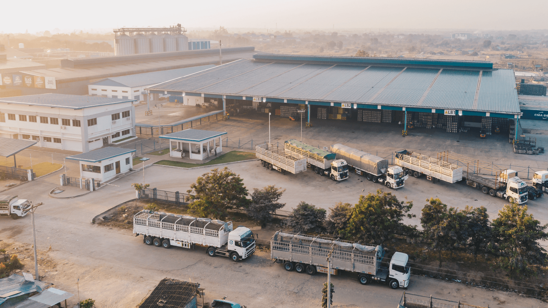 A building and trucks seen from above